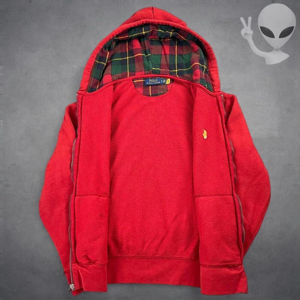 Polo Ralph Lauren Zip Hoodie Small Red Plaid Lined Vintage Jacket Y2K Gold Pony - Picture 3 of 6